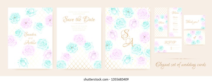 Vintage Wedding Invitation, Flowers Background, Roses Bouquet for Decoration. Greeting Card Template for Wedding Ceremony. Vector Floral Frame or Border. Delicate Wedding Invitation in Pastel Colors.