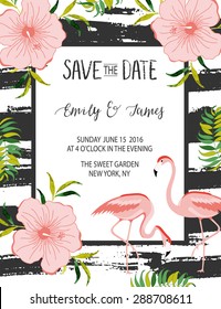 Vintage wedding invitation with flowers and flamingo. Save the date design. Hand drawn vector illustration