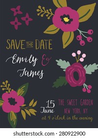 Vintage wedding invitation with flowers. Save the date design. Hand drawn vector illustration