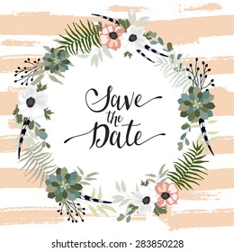 Vintage wedding invitation with flowers. Save the date design. Hand drawn vector illustration