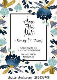 Vintage wedding invitation with flowers. Save the date design. Hand drawn vector illustration