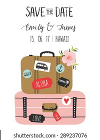 Invitación de bodas de época con flores y bolsos de viaje. Guarda el diseño de fecha. Ilustración vectorial dibujada por mano