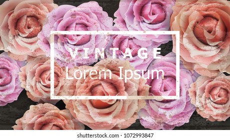Vintage Wedding invitation frame with roses flowers Vector. Old Grunge effect. 3d illustrations