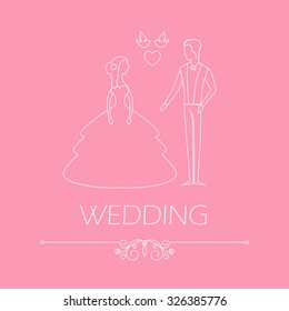 Vintage Wedding invitation with Groom & Bride in trendy mono line style. Vector illustration