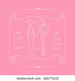 Vintage Wedding invitation with Groom & Bride in trendy mono line style. Vector illustration