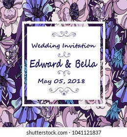 Vintage wedding invitation. Hand drawn vector meadow flowers and roses. Trendy ultraviolet colors.