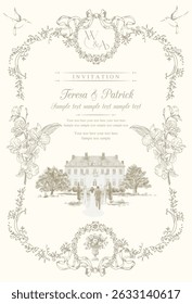 Vintage wedding invitation with hand-drawn floral frame, birds, and romantic couple illustration. Elegant sepia tones and classical details make it ideal for luxury, rustic, or formal events.