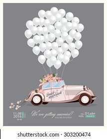 Vintage wedding invitation with just married retro car and white balloons