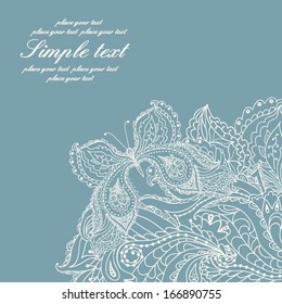 Vintage wedding invitation with lace paisley pattern and butterfly and place for your text. Vector blue background.