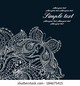 Vintage wedding invitation with lace paisley pattern and butterfly and place for your text. Black and white background.