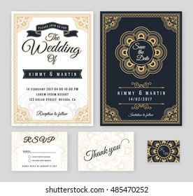 Vintage Wedding Invitation Mehndi Mandala Design Sets Include Invitation Card, Save The Date, RSVP Card, Thank You Card. Vector Illustration.