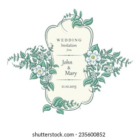 Vintage wedding invitation with an old style border and white flowers. Vector floral ornament frame isolated on white.