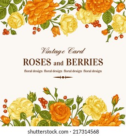 Vintage wedding invitation with orange and yellow roses on a white background. Vector illustration.