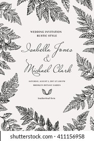 Vintage wedding invitation in a rustic style. Leatherleaf fern. Botanical vector illustration. Black and white.