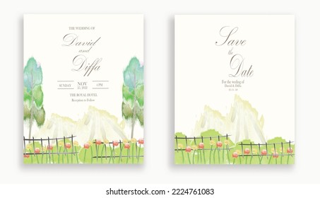 vintage wedding invitation with scenery theme and watercolor elements