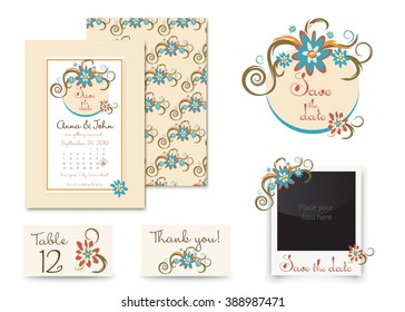 Vintage wedding invitation set design. Template vector place card,  thank you card, save the date badge and photo frame. retro wedding set