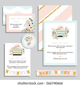 Vintage wedding invitation set design template with flowers, cake and garland.  Can be used for Save The Date, mothers day, valentines day, birthday cards, invitations. 