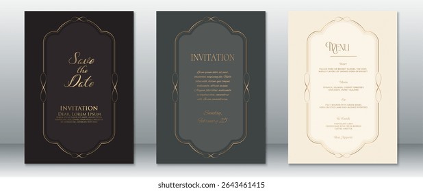 Convite de casamento vintage definido com quadro dourado gracioso em preto, cinza escuro e fundos creme. Inclui salvar a data, convite e cartões de menu com tipografia elegante e design clássico.