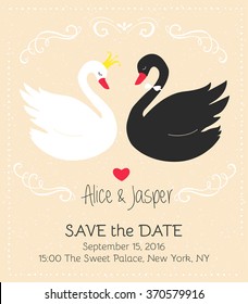 Vintage wedding invitation with swans. Save the date design. Vector illustration