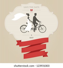 Vintage wedding invitation with tandem bicycle and place for text