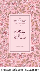 Vintage Wedding Invitation template. Background with pink flowers and leaves. Hand drawn floral elements. Vector illustration.