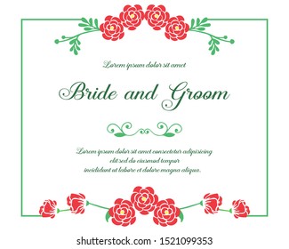 Vintage wedding invitation template for bride and groom, with texture of red flower frame. Vector