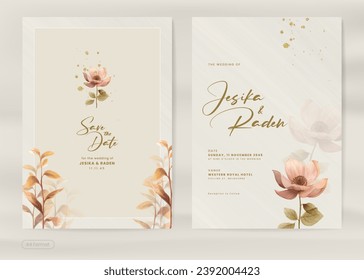 Vintage Wedding Invitation Template with Brown Flower Watercolor