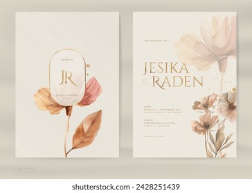 Vintage Wedding Invitation Template with Brown Flower Watercolor