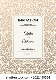 Vintage wedding invitation template. Greeting card with frame and texture background. Vector illustration.