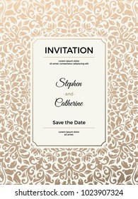 Vintage wedding invitation template. Greeting card with frame and texture background. Vector illustration.