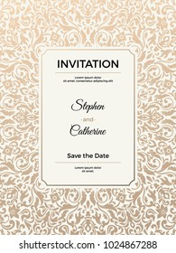 Vintage wedding invitation template. Greeting card with frame and texture background. Vector illustration.