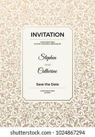 Vintage wedding invitation template. Greeting card with frame and texture background. Vector illustration.