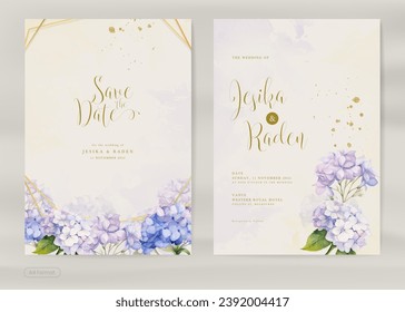 Vintage Wedding Invitation Template with Hydrangea Flower Watercolor