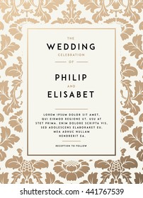 Vintage Wedding Invitation template. Modern design. Wedding Invitation design with damask background. Tradition decoration for wedding. Vector illustration