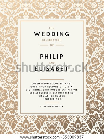 Vintage Wedding Invitation template. Modern design. Wedding Invitation design with damask background. Tradition decoration for wedding. Vector illustration