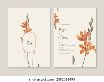 Vintage Wedding Invitation Template with Mossel Bay Tritonia illustration