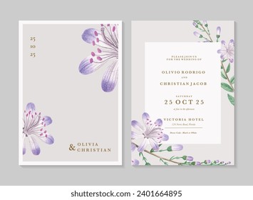 Vintage Wedding Invitation Template with Purple Flower