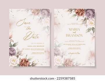 
Plantilla de invitación de boda vintage con decoración floral y de hojas