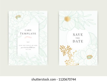 Vintage wedding invitation templates. Cover design with green leaves ornaments. Vector traditional decorative backgrounds.