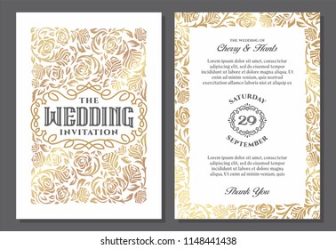 Vintage wedding invitation templates. Cover design with gold roses ornaments. Vector traditional in light 