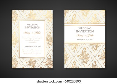 Vintage wedding invitation templates. Cover design with gold ornaments. Vector  traditional decorative backgrounds.