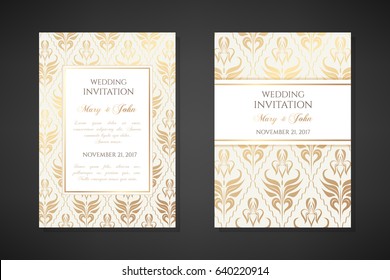 Vintage wedding invitation templates. Cover design with gold iris flowers ornaments. Vector  traditional decorative backgrounds.