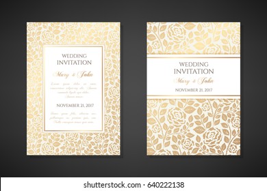 Vintage wedding invitation templates. Cover design with gold rose flowers ornaments. Vector  traditional decorative backgrounds.