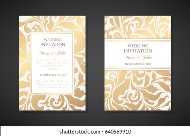 Vintage wedding invitation templates. Cover design with gold ornamental leaves. Vector  traditional decorative backgrounds.