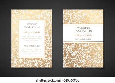 Vintage Wedding Invitation Templates. Cover Design With Gold Floral Ornaments. Vector  Traditional Decorative Backgrounds.