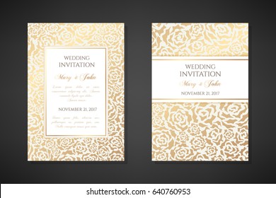 Vintage wedding invitation templates. Cover design with gold abstract roses ornaments. Vector  traditional decorative backgrounds.