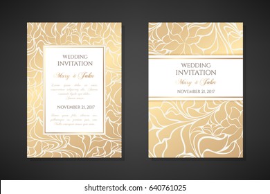 Modèles d'invitation de mariage vintage. Design de couverture avec des ornements abstraits dorés. Image vectorielle arrière-plans décoratifs traditionnels.