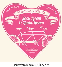 Vintage wedding invitation together forever with illustration of tandem bicycle over white background