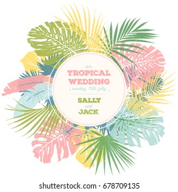 Vintage wedding invitation. Trendy tropical leaves design. Botanical vector illustration