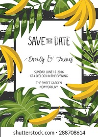Vintage wedding invitation with tropic flowers and bananas. Save the date design. Hand drawn vector illustration